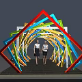 Colorful Neon Tube Arch With Geometric Shapes And Two People On Brick Floor
