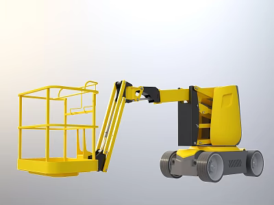 Yellow Mobile Aerial Work Vehicle With Extendable Boom Work Platform And Movable Wheels 3d model