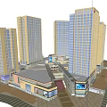 Modern Commercial Plaza With High Rise Buildings LED Screen Fountain Shops And Pedestrians