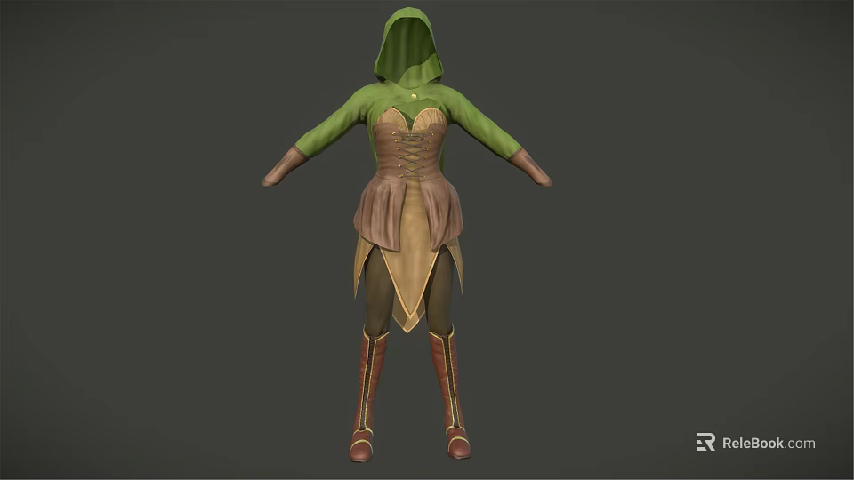 Hooded Green Top With Brown Bodice Skirt And Long Boots Costume 3d model 