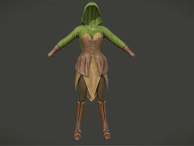 Hooded Green Top With Brown Bodice Skirt And Long Boots Costume 3d model