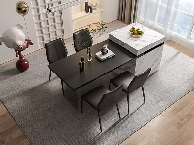 Modern Black Dining Table Set With Chairs Marble Island Gray Rug Window And Decorative Items 3d model