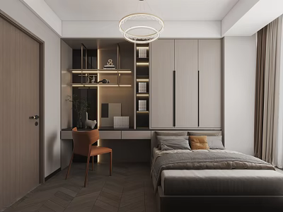 Modern Tatami Bedroom Interior With Storage Bed Desk And Built In Cabinets 3d model