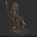 Cloaked Mythical Creature with Ram Horns Staff and Animal Form on Rock Pedestal 3d model
