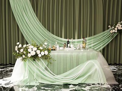 Charming Tea Break Area With Green Curtains Arched White Gauze Drapes And White Green Flowers 3d model