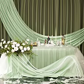 Charming Tea Break Area With Green Curtains Arched White Gauze Drapes And White Green Flowers