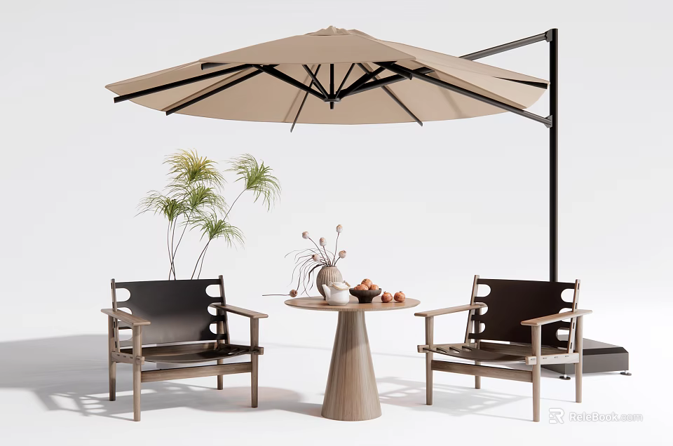 Outdoor Table Set with Beige Parasol and Wooden Chairs for Patio with Potted Plant Decor 3d model 