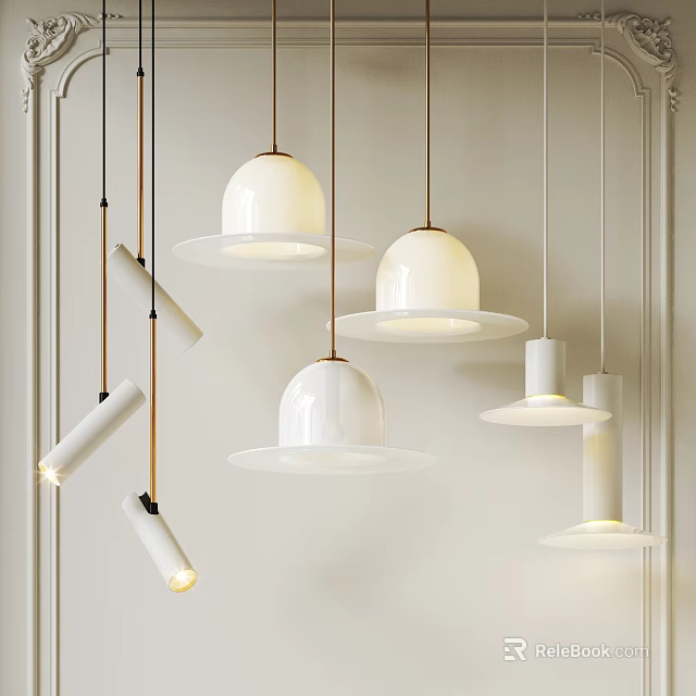 Modern White Hanging Pendant Lights With Dome And Cylinder Shapes In Interior 3d model 