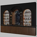 Modern Wine Cabinet Featuring Arched Display Shelves Marble Panel And Wooden Cabinetry With Wine Bottles