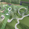 Park Landscape with Green Lawn Circular Patterns Curved Slide Trees Wooden Fence and Purple Flowers