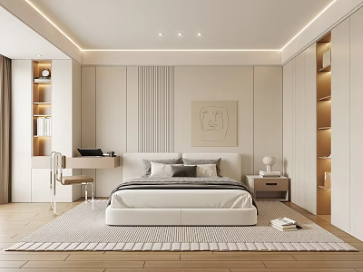 Modern Minimalist Bedroom Interior Design With Bed Pillows Nightstand Desk Chair Artwork And Wooden Floor 3d model