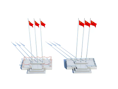 Three Red Chinese National Flags on Flagpoles with White Platform Bases 3d model