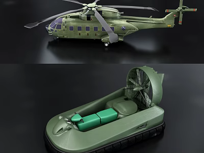 Green Military Helicopter With Auxiliary Rescue Vehicle And Fan Structure 3d model