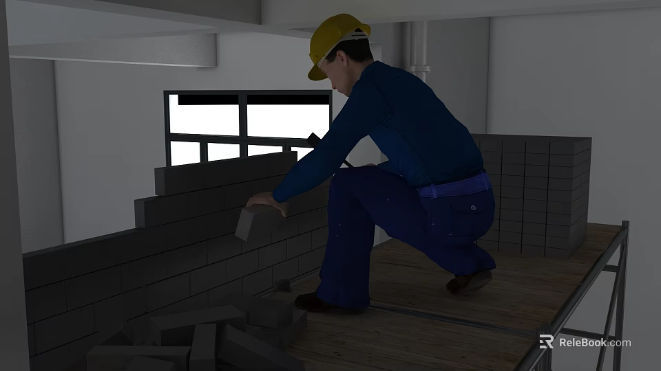 Indoor Construction Site Worker Laying Bricks With Yellow Hard Hat Building Wall 3d model 