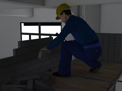 Indoor Construction Site Worker Laying Bricks With Yellow Hard Hat Building Wall 3d model