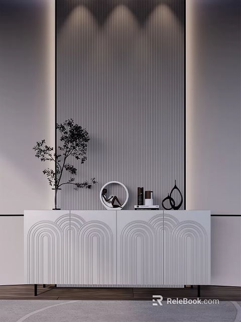 Modern Entryway Console Cabinet With Arched Design Gray Vertical Striped Wall And Decorative Items 3d model 