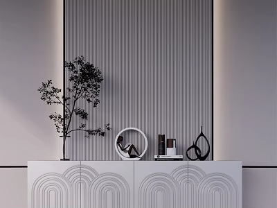 Modern Entryway Console Cabinet With Arched Design Gray Vertical Striped Wall And Decorative Items 3d model
