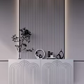 Modern Entryway Console Cabinet With Arched Design Gray Vertical Striped Wall And Decorative Items