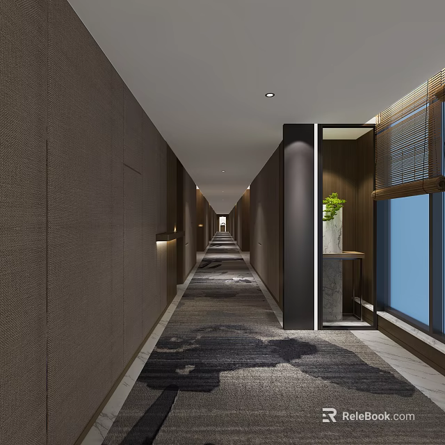 Modern Elevator Corridor Design With Textured Walls Patterned Carpet And Potted Plant 3d model