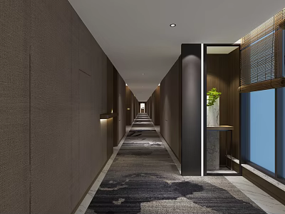 Modern Elevator Corridor Design With Textured Walls Patterned Carpet And Potted Plant 3d model
