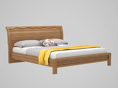 Wooden Double Bed With Wavy Headboard Gray Pillows Patterned Cushion And Yellow Throw Blanket 3d model