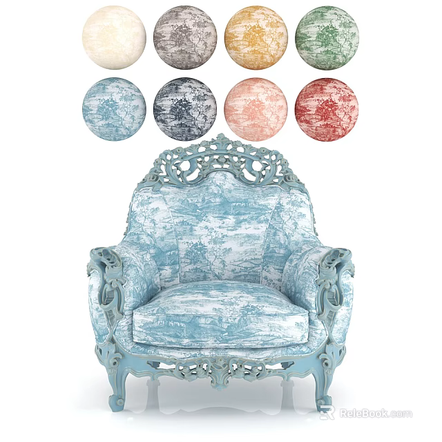 Elegant Vintage Style Blue Carved Armchair With Patterned Fabric And Multiple Color Options 3d model 