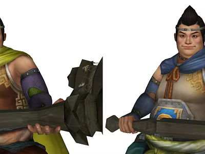 Game Movie Characters Brown Yellow Blue Costumes Holding Large Heavy Weapons With Decorative Patterns Headbands 3d model