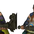 Game Movie Characters Brown Yellow Blue Costumes Holding Large Heavy Weapons With Decorative Patterns Headbands
