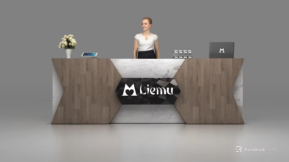 Modern Reception Desk With Wooden And Marble Surface Liema Logo Flower Vase And Laptop 3d model 