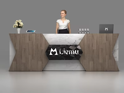 Modern Reception Desk With Wooden And Marble Surface Liema Logo Flower Vase And Laptop 3d model