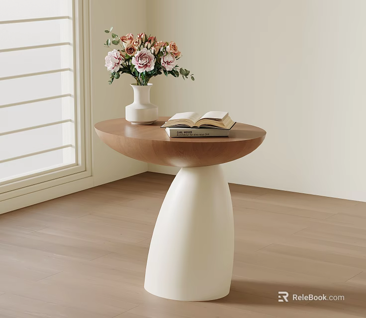 Modern Side Table with White Vase Flowers and Open Book by Window on Wooden Floor 3d model 