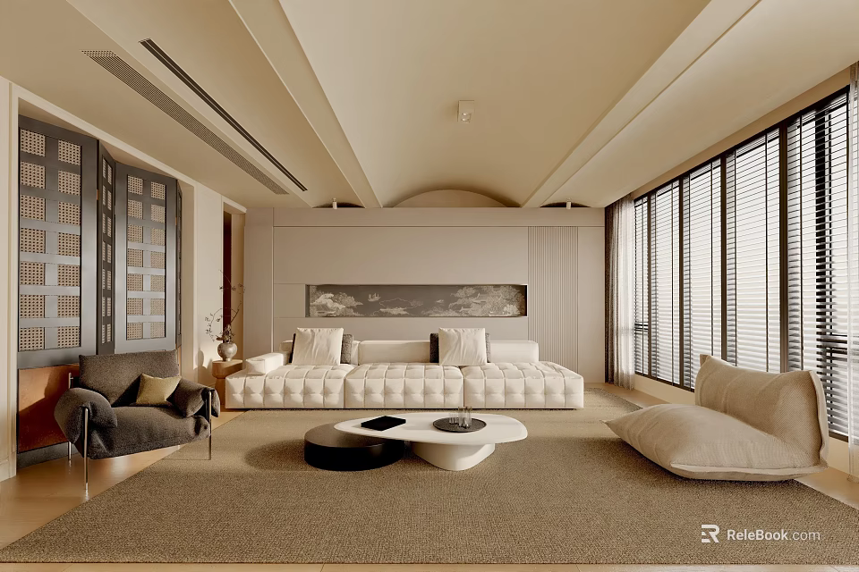 Elegant Modern Living Room Interior With Plush Sofa Coffee Table And Area Rug 3d model 