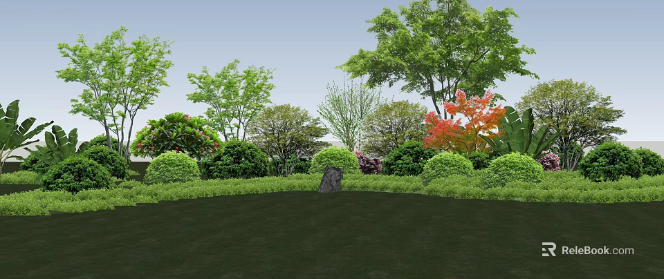 Beautiful Garden Scene With Diverse Trees Shrubs Colorful Foliage And Green Lawn 3d model 