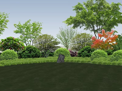 Beautiful Garden Scene With Diverse Trees Shrubs Colorful Foliage And Green Lawn 3d model
