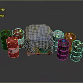 Multiple Red Gray Orange Rustic Industrial Storage Drums With Blue Cloth Covered Equipment