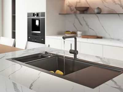 Modern Kitchen Faucet with Water Flowing in Sink and Lemons on Marble Countertop 3d model