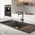 Modern Kitchen Faucet with Water Flowing in Sink and Lemons on Marble Countertop