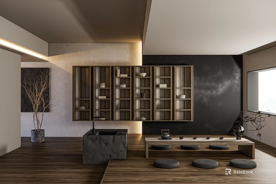 Traditional Tea Room Interior With Wooden Shelves Stone Tea Table And Futon Seats 3d model 