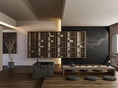 Traditional Tea Room Interior With Wooden Shelves Stone Tea Table And Futon Seats 3d model