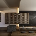 Traditional Tea Room Interior With Wooden Shelves Stone Tea Table And Futon Seats