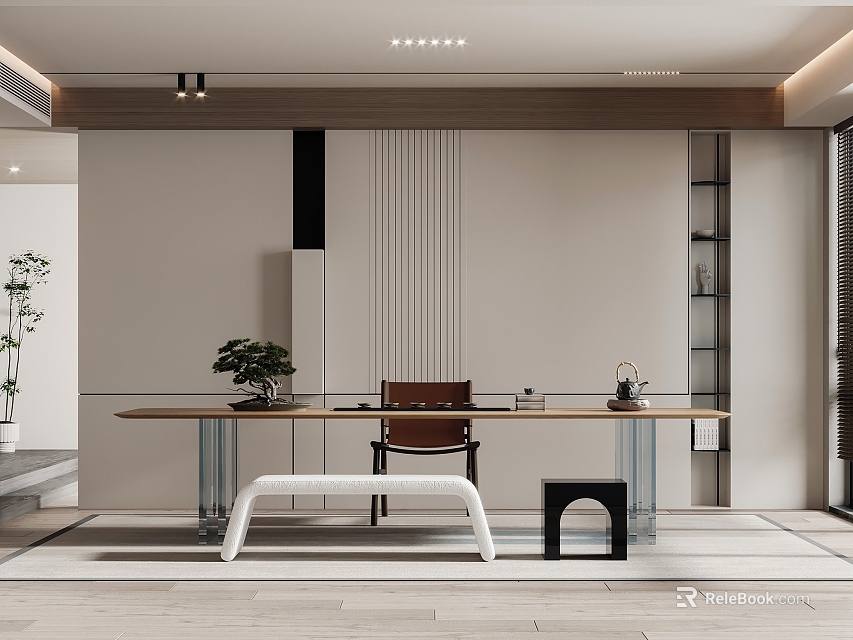 Modern Study Room Interior Design With Writing Desk Chair Plants And Soft Lighting 3d model 