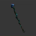 Enchanted Magic Staff With Blue Dragon Head Green Spiral Patterns And Brown Wooden Base