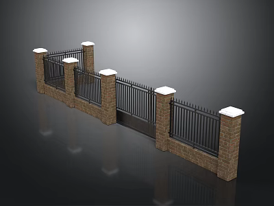 Scenic Landscape With Brick And Black Metal Fence Featuring White Pillar Tops 3d model
