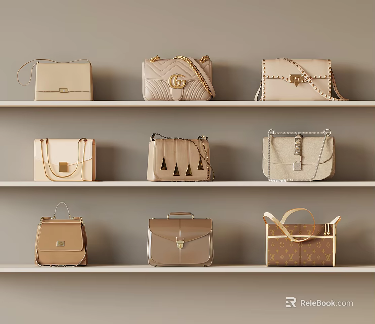 Stylish Neutral Toned Bags Collection With Metal Accents On Display Shelves 3d model 