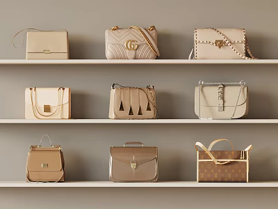 Stylish Neutral Toned Bags Collection With Metal Accents On Display Shelves 3d model