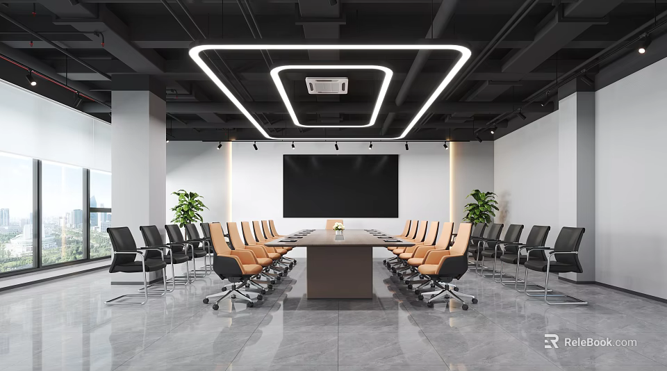 Modern Conference Room Interior With Long Table Black Orange Chairs Large Screen And Green Plants 3d model 
