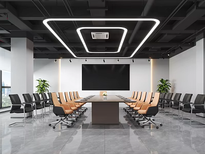 Modern Conference Room Interior With Long Table Black Orange Chairs Large Screen And Green Plants 3d model