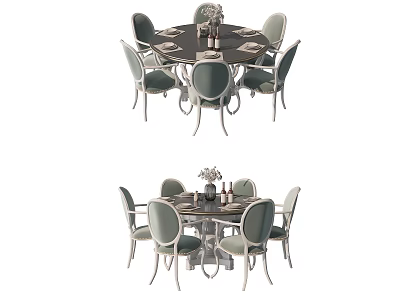 Modern Round Dining Table Set With Matching Chairs And Floral Centerpiece 3d model