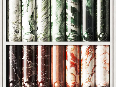 Marble Stone Cylinders On Wooden Rack With Various Colors And Textured Surfaces 3d model