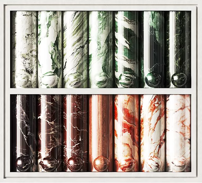 Marble Stone Cylinders On Wooden Rack With Various Colors And Textured Surfaces 3d model